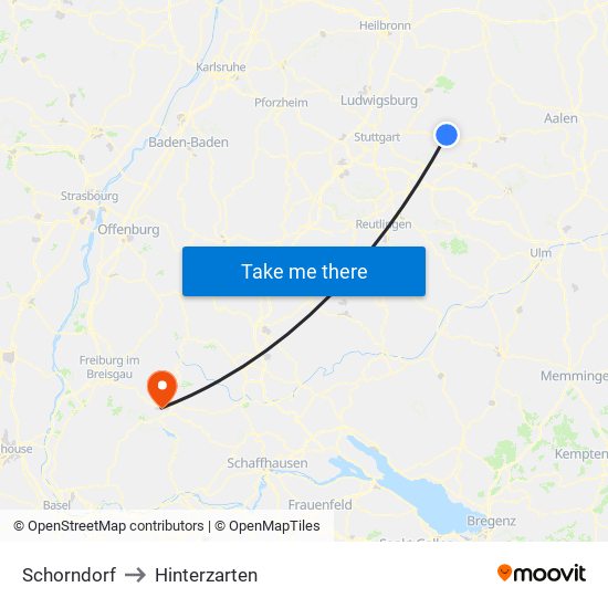 Schorndorf to Hinterzarten map