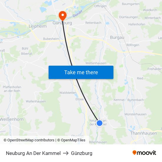 Neuburg An Der Kammel to Günzburg map