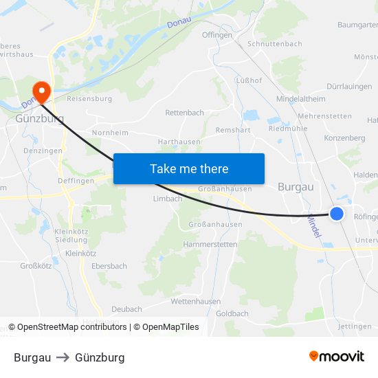 Burgau to Günzburg map