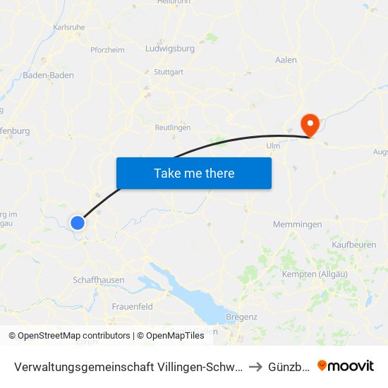 Verwaltungsgemeinschaft Villingen-Schwenningen to Günzburg map