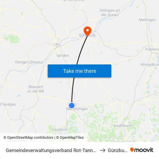 Gemeindeverwaltungsverband Rot-Tannheim to Günzburg map