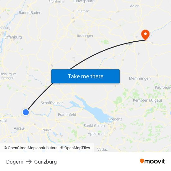 Dogern to Günzburg map