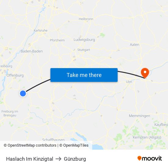 Haslach Im Kinzigtal to Günzburg map
