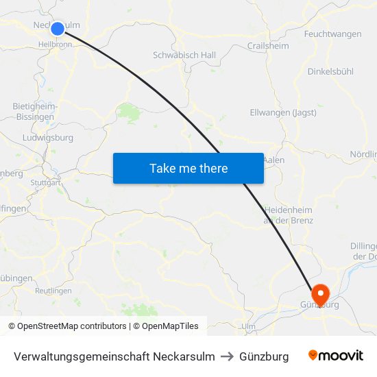 Verwaltungsgemeinschaft Neckarsulm to Günzburg map
