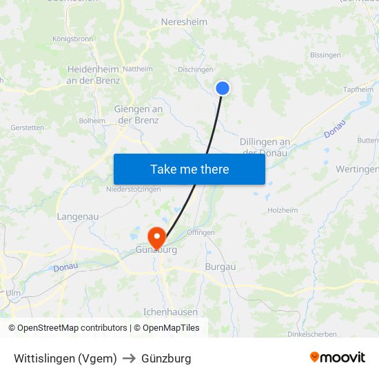 Wittislingen (Vgem) to Günzburg map