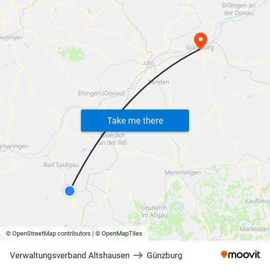 Verwaltungsverband Altshausen to Günzburg map