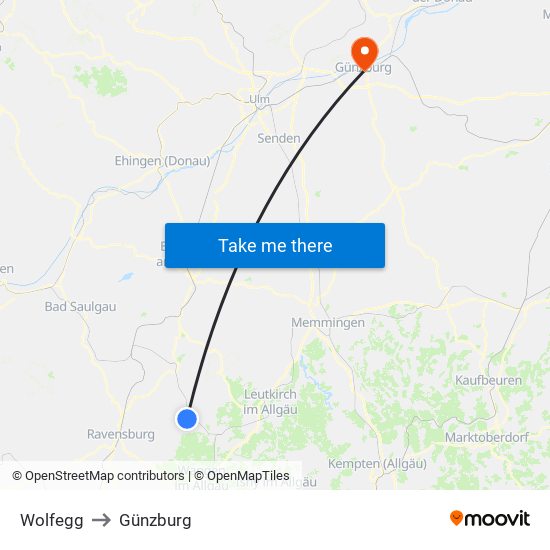 Wolfegg to Günzburg map