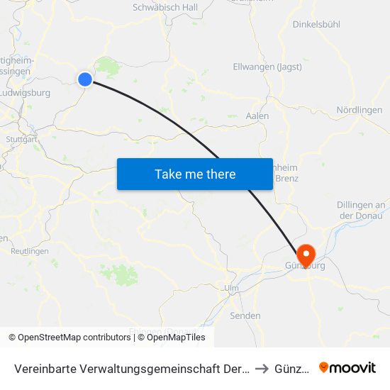 Vereinbarte Verwaltungsgemeinschaft Der Stadt Backnang to Günzburg map