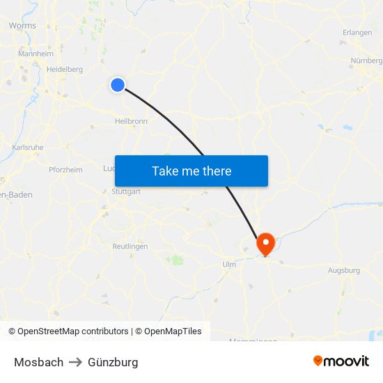 Mosbach to Günzburg map