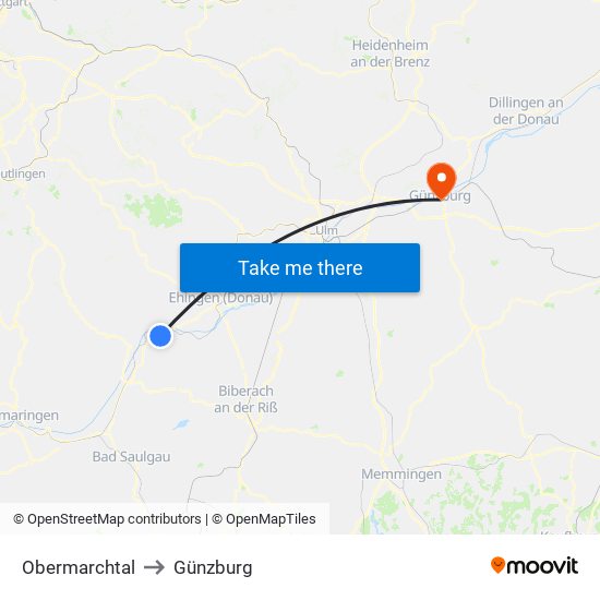 Obermarchtal to Günzburg map