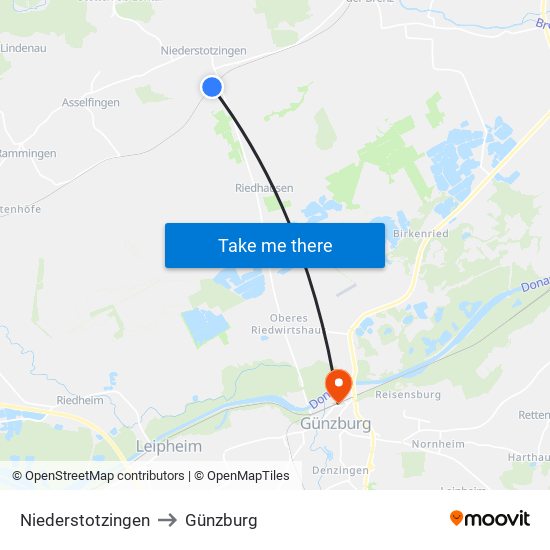 Niederstotzingen to Günzburg map