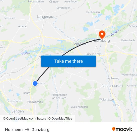Holzheim to Günzburg map