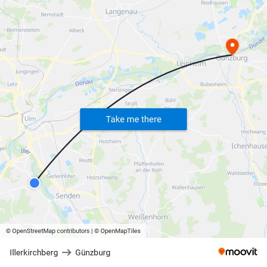 Illerkirchberg to Günzburg map