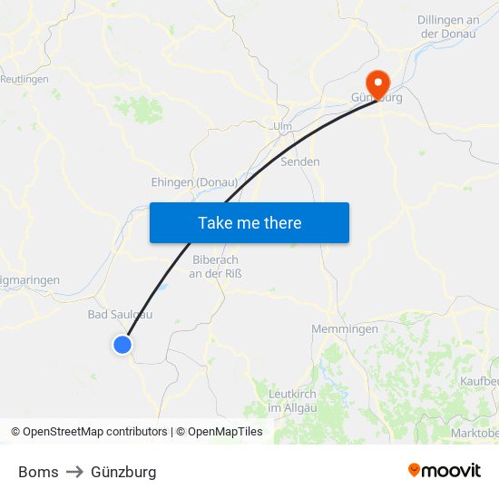 Boms to Günzburg map