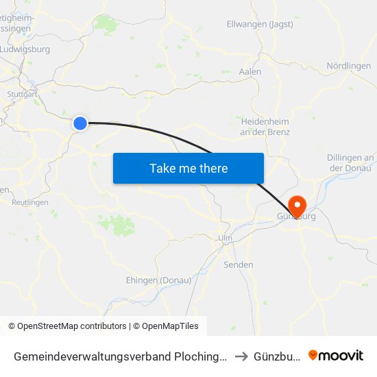 Gemeindeverwaltungsverband Plochingen to Günzburg map