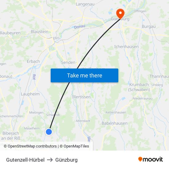 Gutenzell-Hürbel to Günzburg map