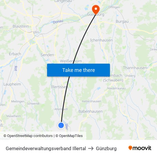 Gemeindeverwaltungsverband Illertal to Günzburg map