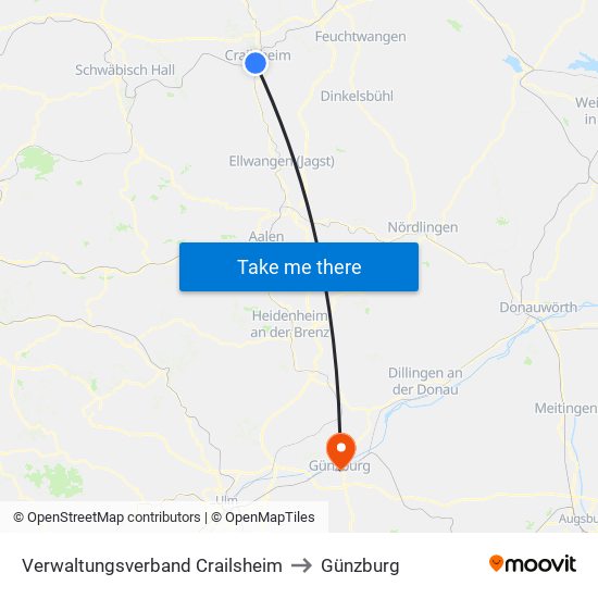 Verwaltungsverband Crailsheim to Günzburg map