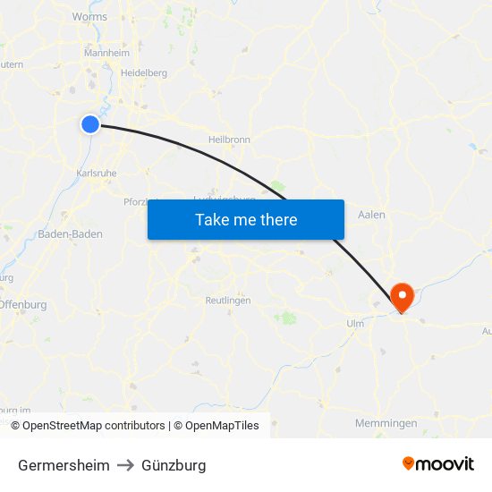 Germersheim to Günzburg map