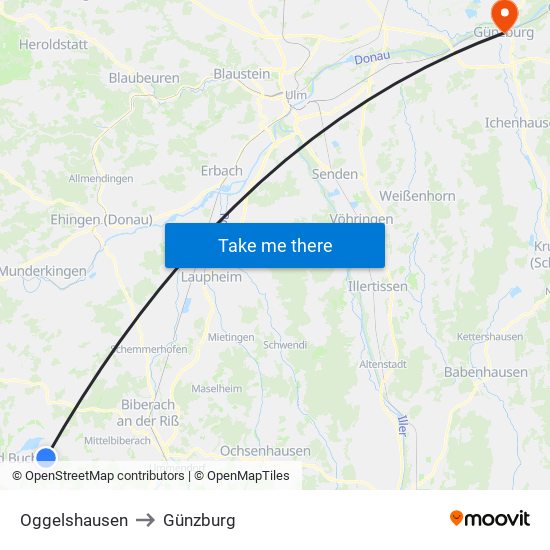 Oggelshausen to Günzburg map