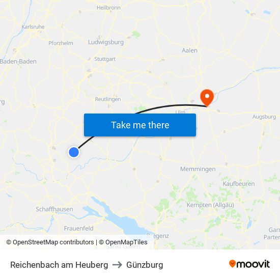 Reichenbach am Heuberg to Günzburg map