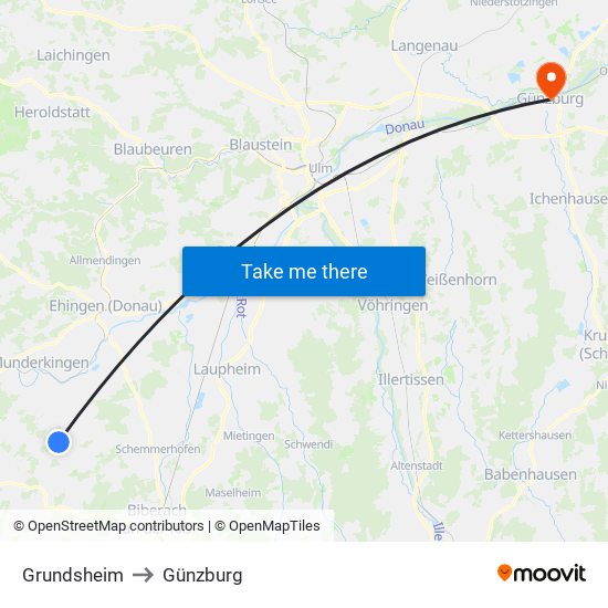 Grundsheim to Günzburg map