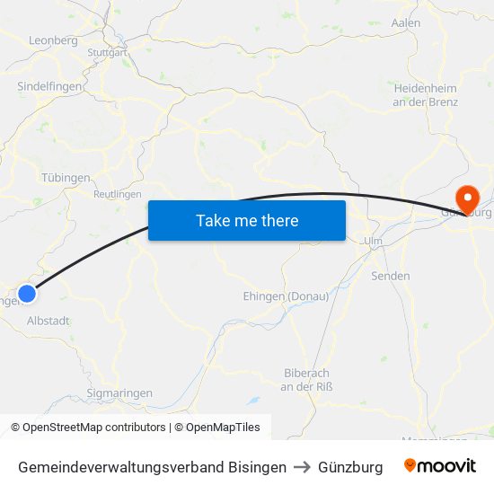 Gemeindeverwaltungsverband Bisingen to Günzburg map