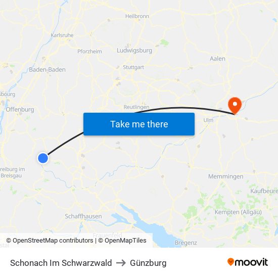 Schonach Im Schwarzwald to Günzburg map