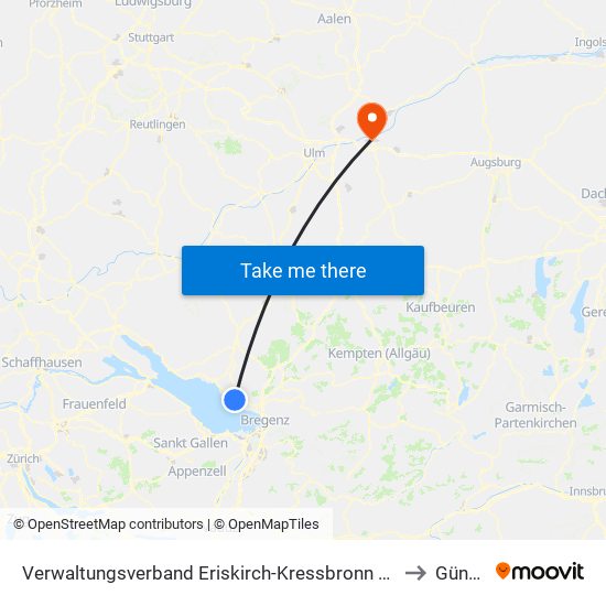 Verwaltungsverband Eriskirch-Kressbronn am Bodensee-Langenargen to Günzburg map
