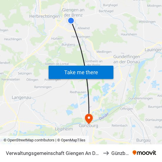 Verwaltungsgemeinschaft Giengen An Der Brenz to Günzburg map