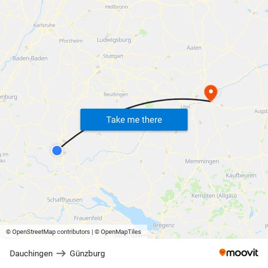 Dauchingen to Günzburg map