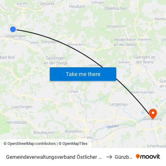 Gemeindeverwaltungsverband Östlicher Schurwald to Günzburg map