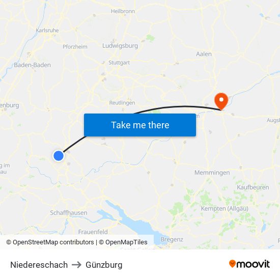 Niedereschach to Günzburg map