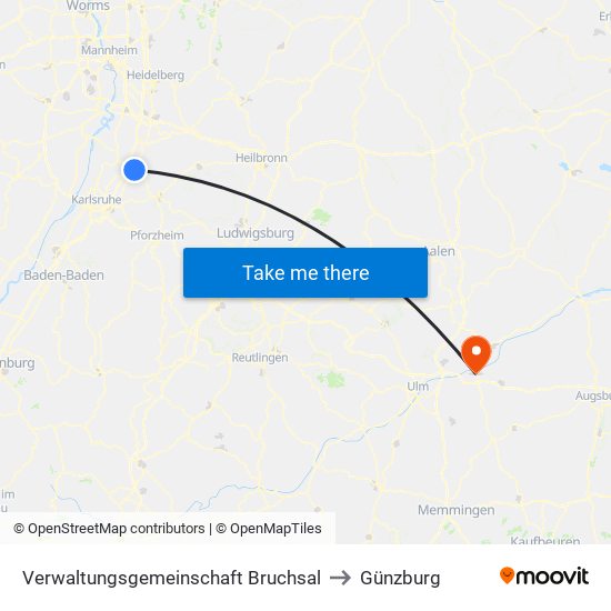 Verwaltungsgemeinschaft Bruchsal to Günzburg map