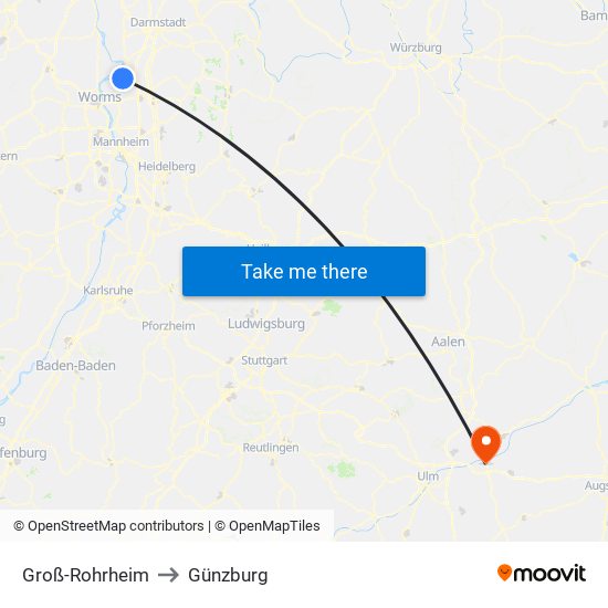 Groß-Rohrheim to Günzburg map