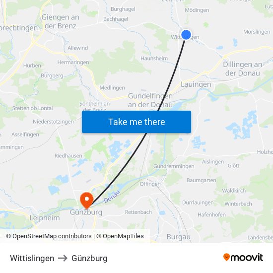 Wittislingen to Günzburg map