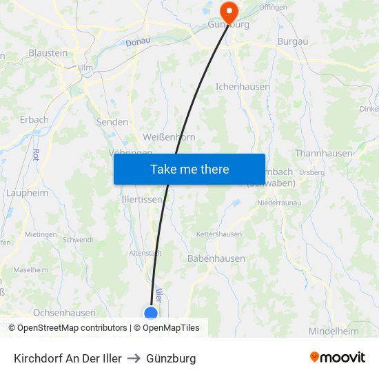 Kirchdorf An Der Iller to Günzburg map
