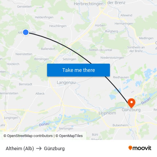 Altheim (Alb) to Günzburg map