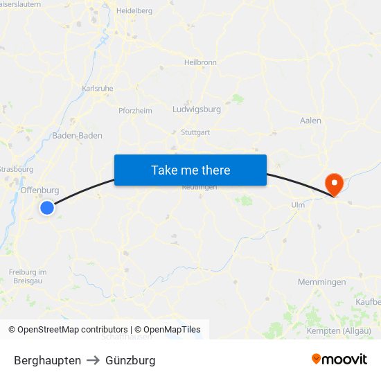 Berghaupten to Günzburg map