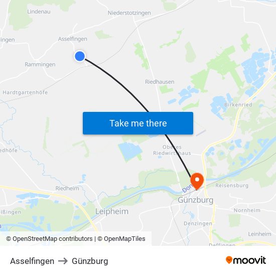 Asselfingen to Günzburg map