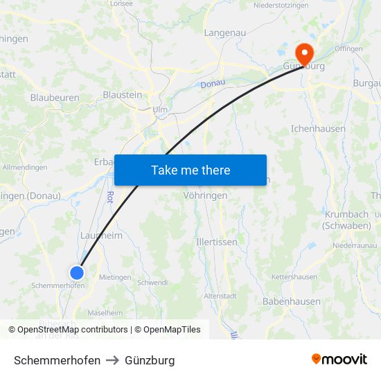 Schemmerhofen to Günzburg map