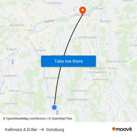 Kellmünz A.D.Iller to Günzburg map