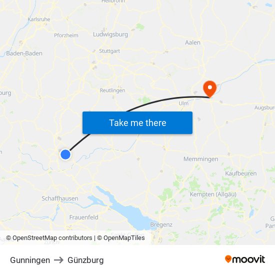 Gunningen to Günzburg map