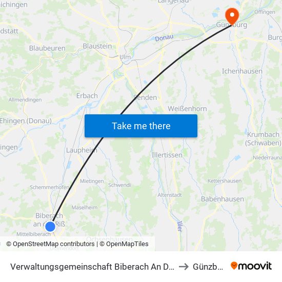 Verwaltungsgemeinschaft Biberach An Der Riß to Günzburg map