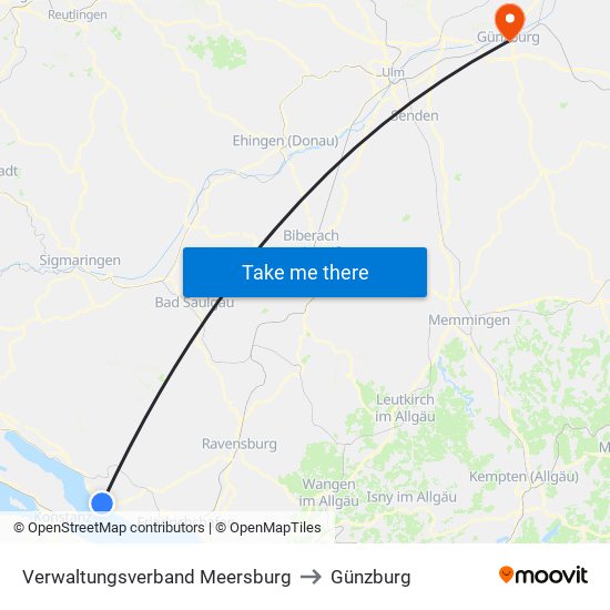 Verwaltungsverband Meersburg to Günzburg map