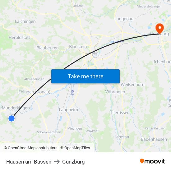 Hausen am Bussen to Günzburg map