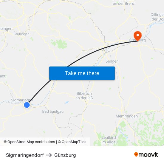 Sigmaringendorf to Günzburg map