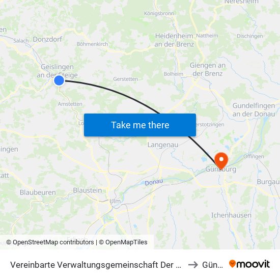 Vereinbarte Verwaltungsgemeinschaft Der Stadt Geislingen An Der Steige to Günzburg map