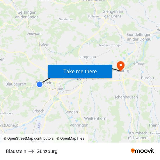 Blaustein to Günzburg map