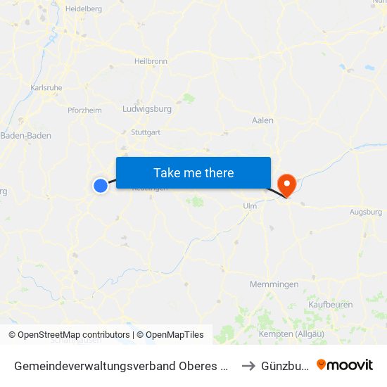 Gemeindeverwaltungsverband Oberes Gäu to Günzburg map